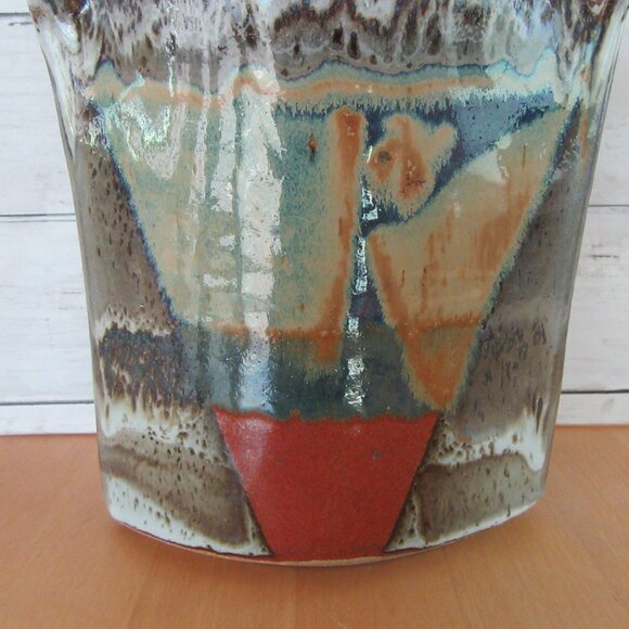 Vintage glazed art pottery envelope shaped vase -geometric pattern-Modernist-MCM - Picture 4 of 12